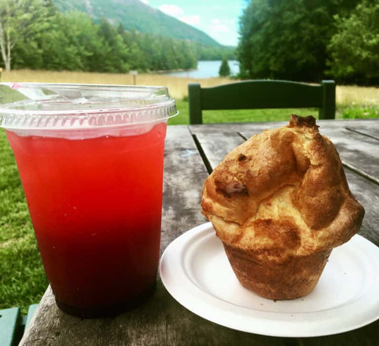 A popover and blueberry lemonade at jordan pond house