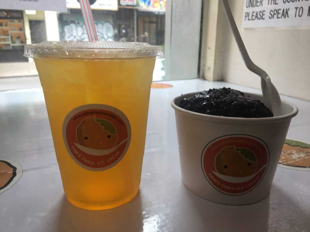 Sam's friend ice cream with a crunchy crushed-oreo shelll, accompanied by iced peach-flavored green tea. Yum.