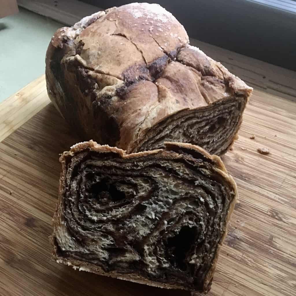 Kossar's babka is a sweet bread with ribbons of dark chocolate swirled through it.