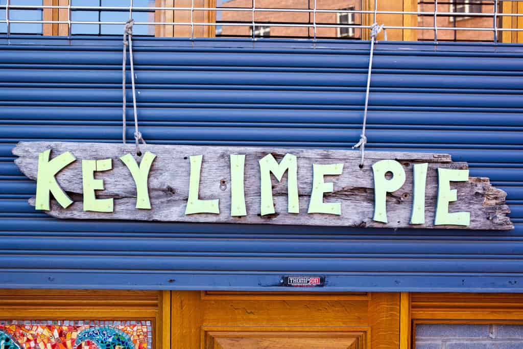 The charming homemade sign for key lime pie outside of steve's in red hook.