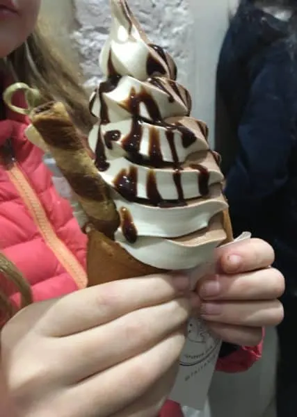 chocolate and vanilla twist on a fish custard cone with chocolate sauce and a cookie at chinatown's taiyaki.