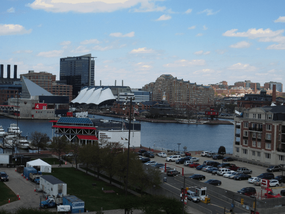 A bird's eye view of baltimore's inner harbor, a popular destination with weekend visitors, especiall those with kids.