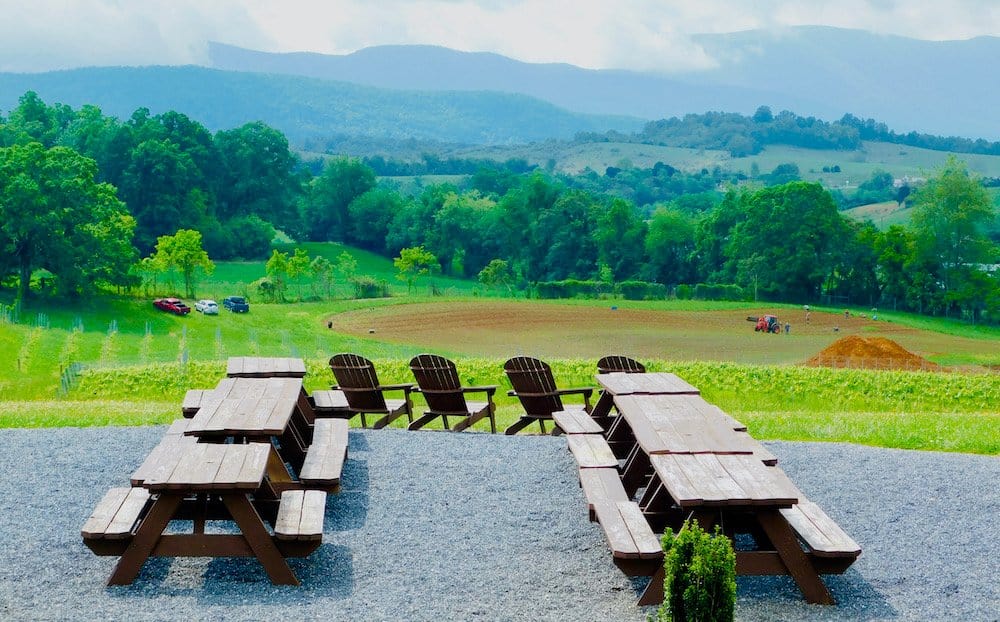 A farm, brewery and vineyard with picnic tables and stunning views of the valley outside of Lexington, VA, an ideal weekend destination from Washington, DC