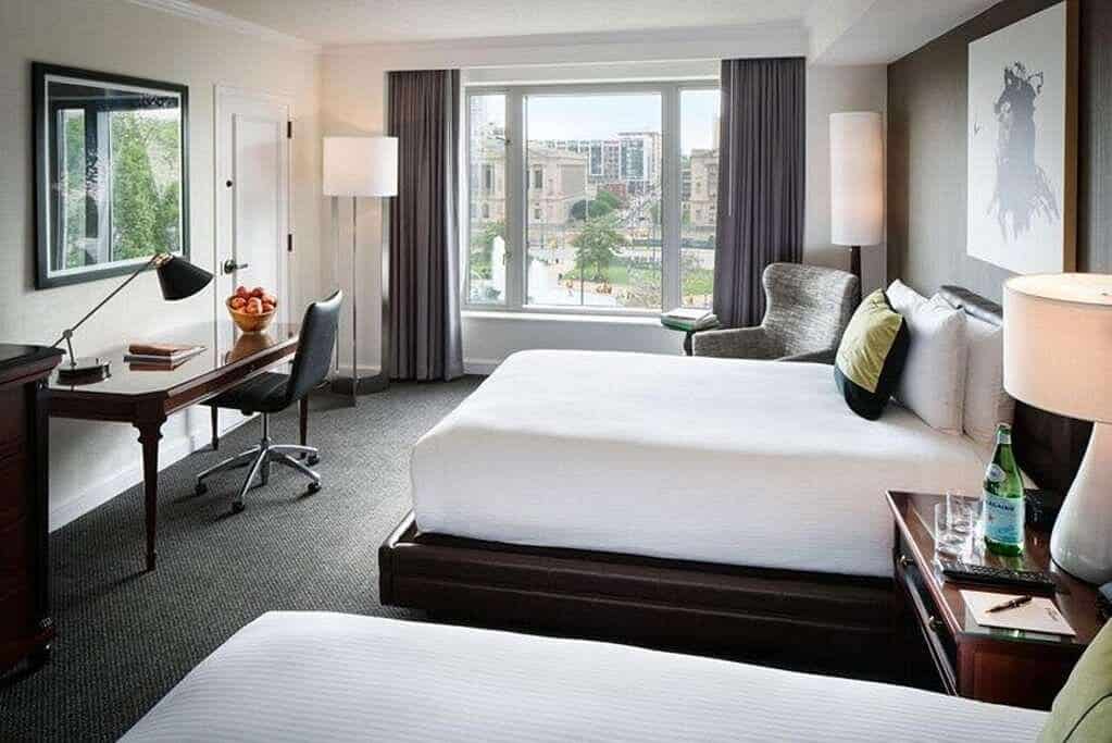 A room overlooking logan square at the hilton's curio collection hotel in philadelphia.