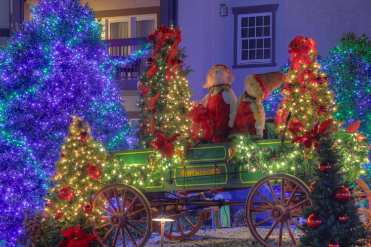 Stuffed christmas elves in a decorated wagon marevel at the holiday trees and lights all around them.