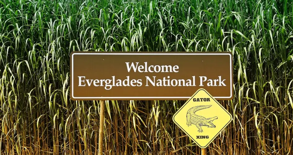 a sign that says welcome to everglades national park is next to a sign for an alligator crossing. florida is a great warm winter destination in the u.s.