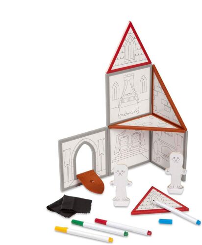 Magnetivity tiles from melissa & doug are ideal for travel. Kids can color the tiles and play figures on the road or in the air. Then put them together.