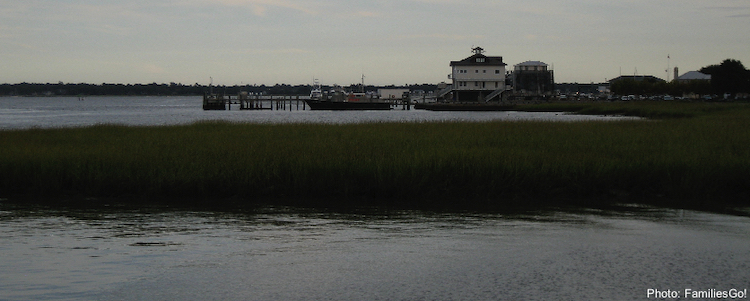 Charleston' waterfront with pieres,tall grass and small buildings.