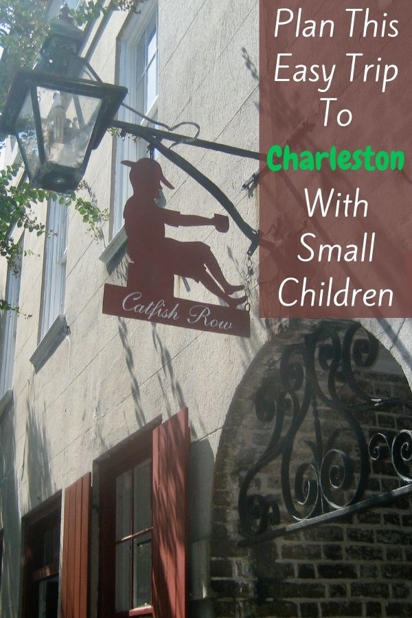 Charleston,south carolina is a fun and easy weekend getaway with small children. There are casual restaurants with good local food, parks, markets and carriage tours for learning the city's history. This photo shows a historic building with the famous catfish row sign.
