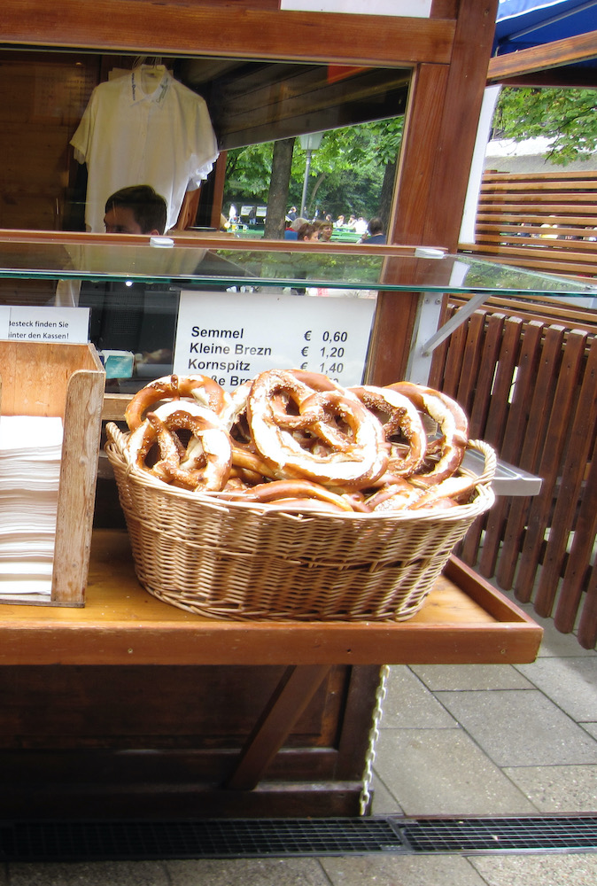 baskets pretzels are a common site at german beer gardens.
