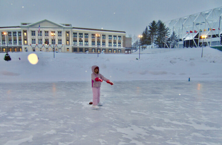 The outdoor speedskating oval at lake placid was used for long-track races at the olympics and is now open for public skating.