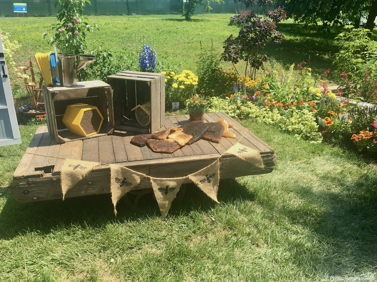 A model rooftop garden at the philadelphia flower show includes a beehive and border plants.