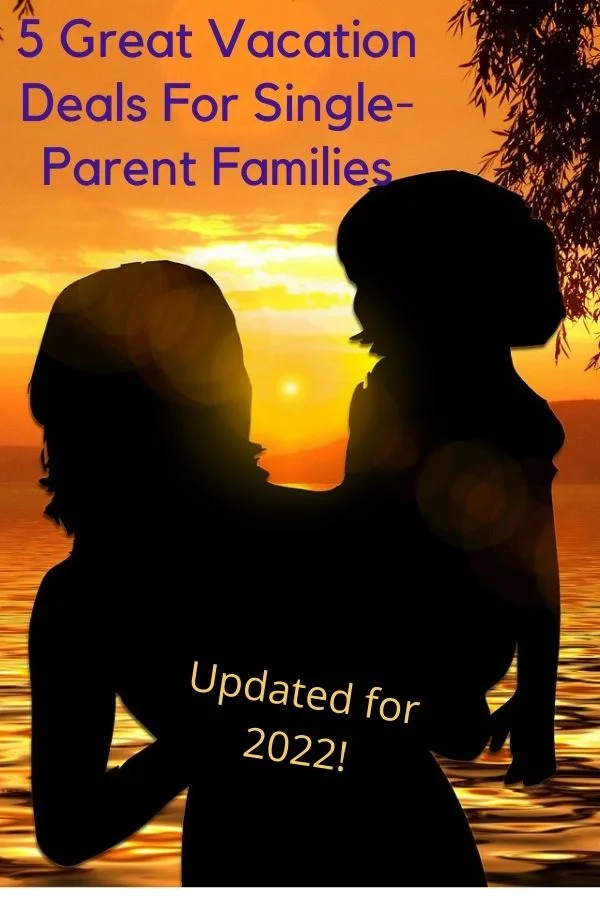 5 Amazing Vacations For Single Parents &Amp; Kids (At The Right Price) an outline of a mom and child on a beach at sunset. i found 5 all-inclusive resort brands and tour companies that don't chare single supplements to solo parents with kids.
