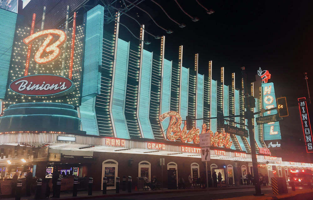 The neon lights and marquee for bionon's horseshoe, a vintage hotel on fremont street in vegas