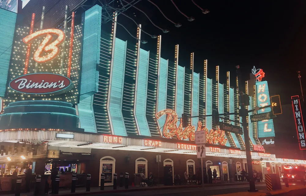 the neon lights and marquee for bionon's horseshoe, a vintage hotel on fremont street in vegas