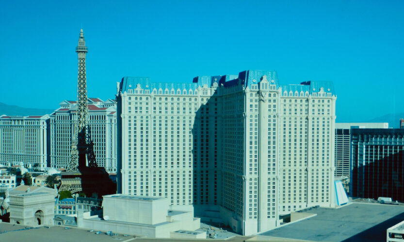 a view of the paris hotel and caesar's palace from the elara hilton hotel in nevada