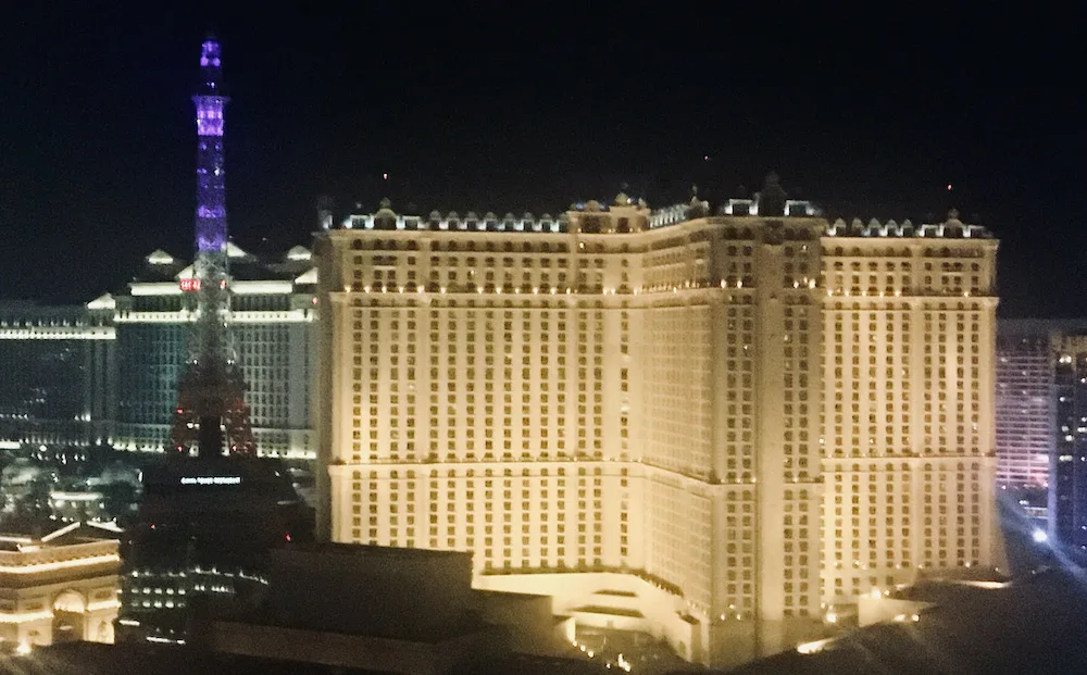 a view of the las strip skyline from a room at the elara by hilton hotels