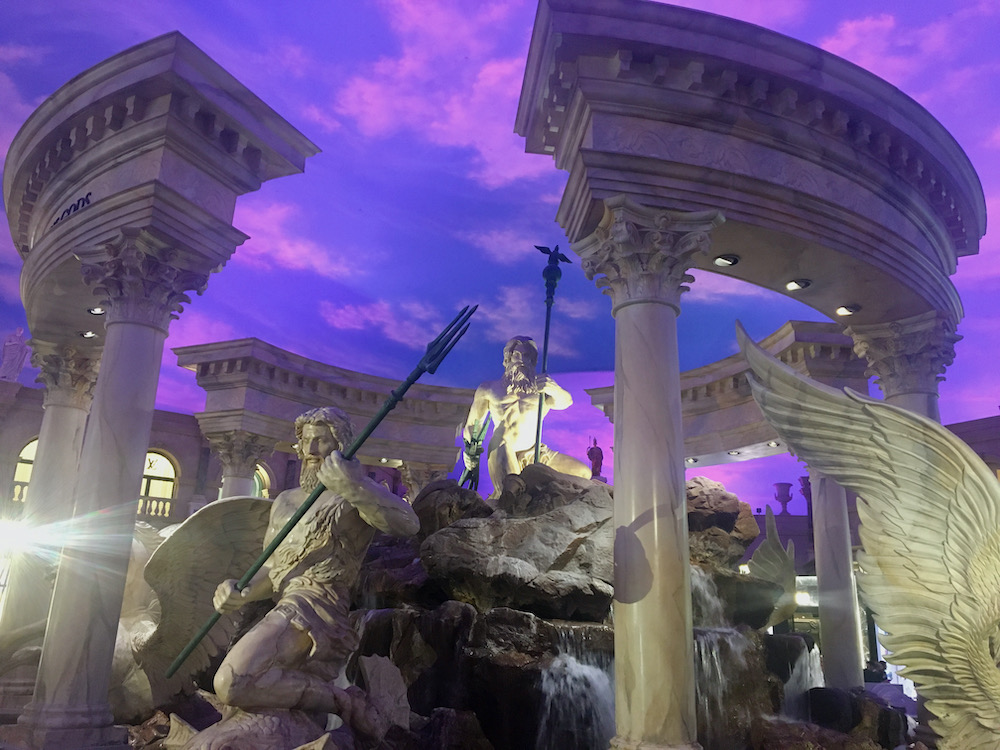 you can dine "al fresco" umder a blue sky and the giant fountain of the gods at the forum shops on vegas strip