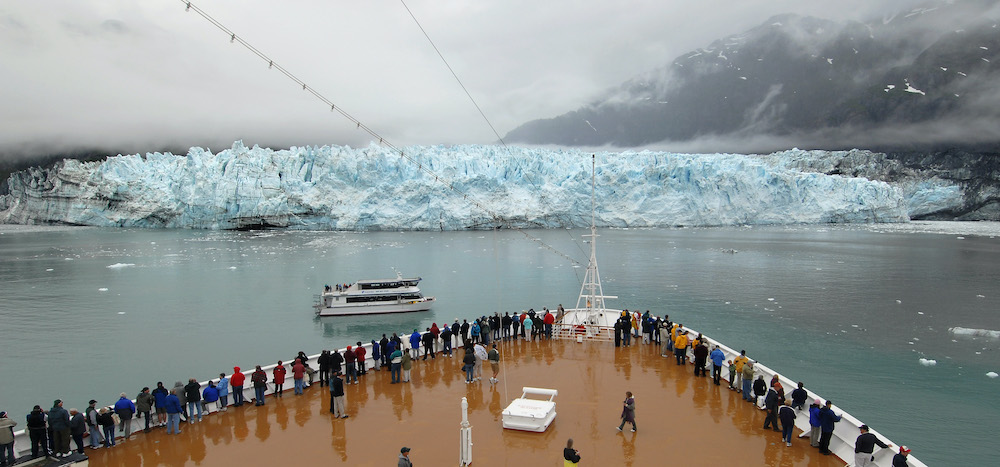 cruise passenger view icebergs from the helm of a holland america cruise ship in alaska