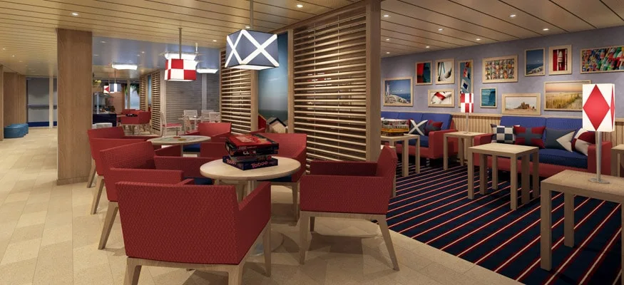 carnival's family harbor lounge has a red and blue nautical theme, comfortale chairs and couches and tables for snacking and playing games.