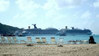 A carnival cruise ship as seen from the beach on st. Martin in the caribbean