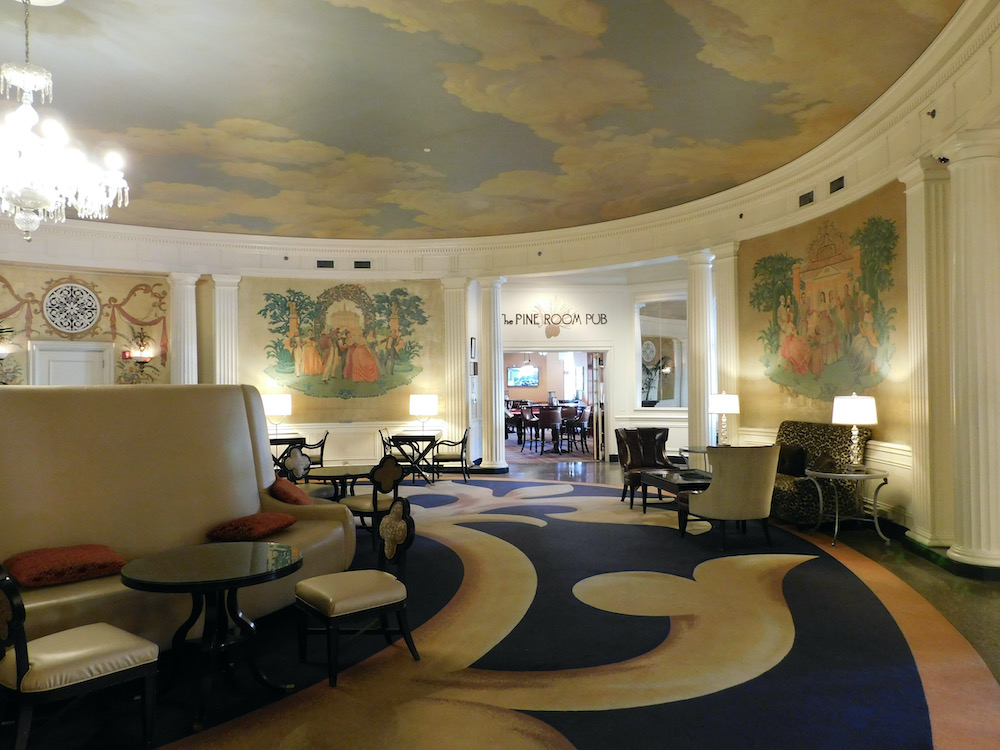 the hotel roanoke has a tudor exterior but the interiors murals and lounges evoke posh southern comfort.