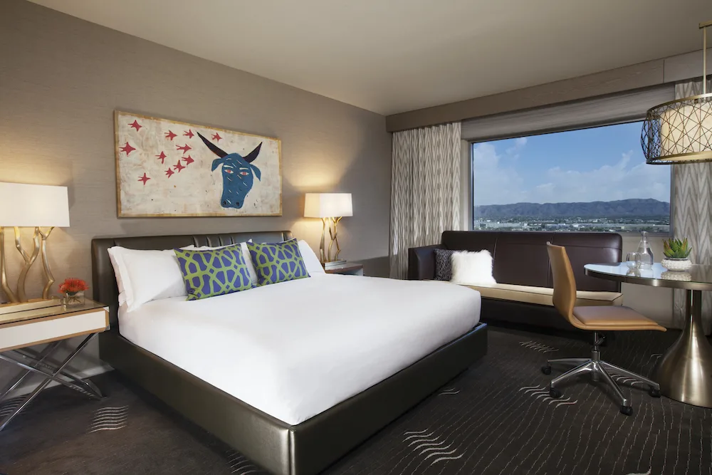 the rooms at the kimpton palomar in pheoenix have a modern southwestern motif and mountain views