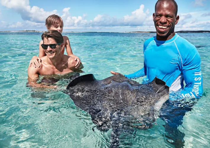 a family enjoys an encounter with wrays in the water off of turks & caicos on a princess cruise