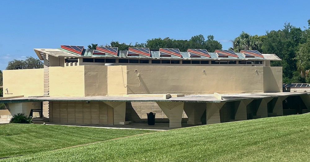 One of the frank lloyd wright buildings at florida state college, distinct beccause of its cement construction and horizontal lines.