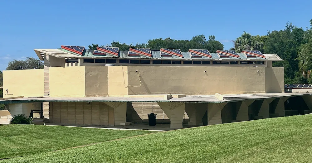 one of the frank lloyd wright buildings at florida state college, distinct beccause of its cement construction and horizontal lines.