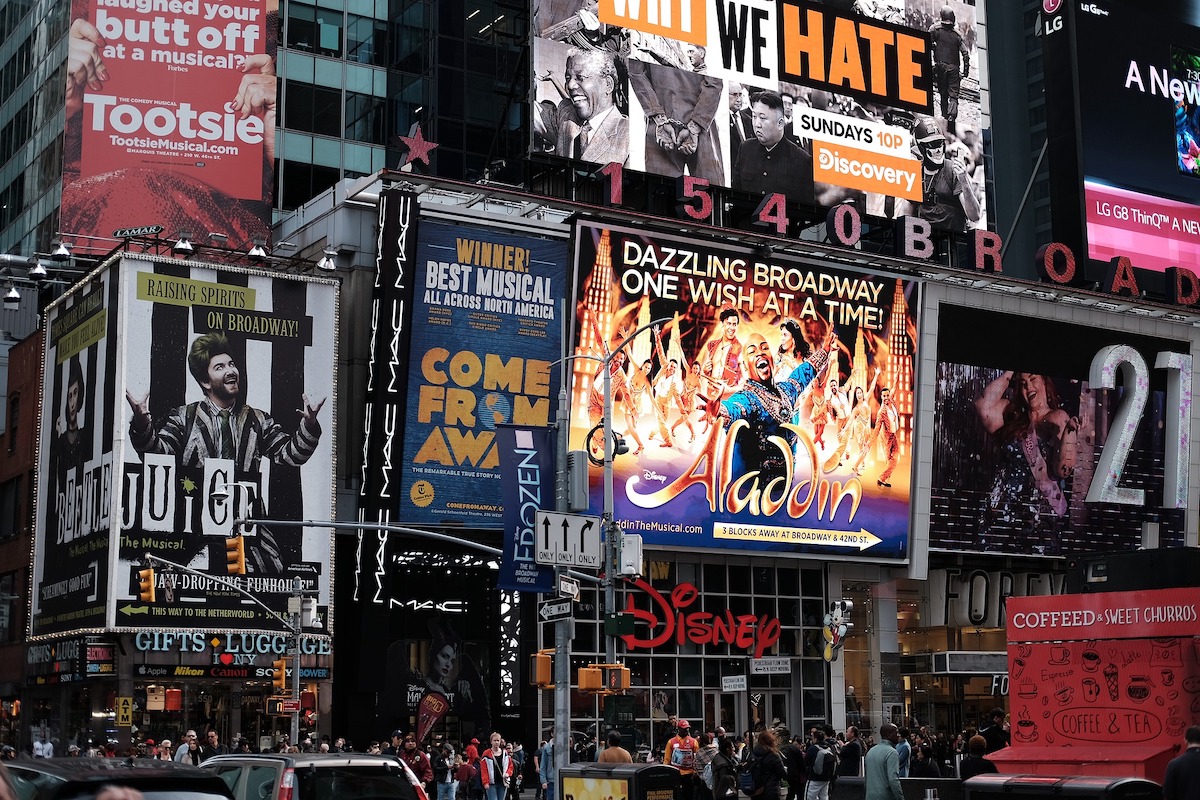 A collage of billboards from top Broadway shows that are all popular with teens