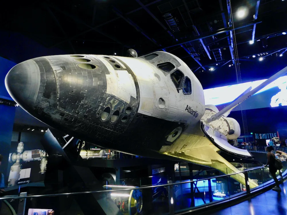 you can see the well-worn atlantis space shuttle at the cape kennedy space center om florida's east coast.