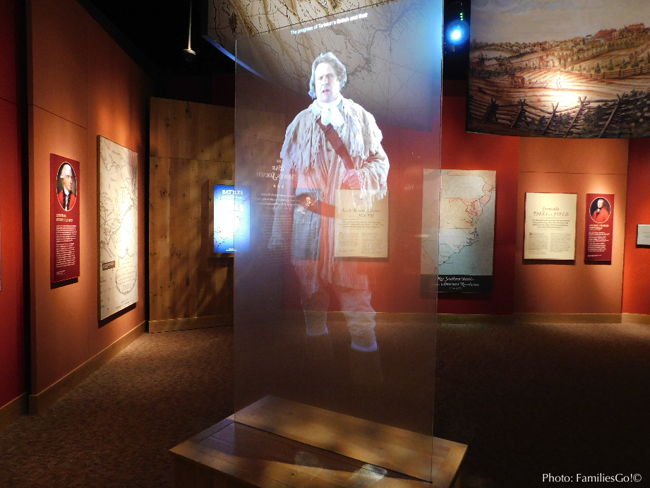 At the american revolution museum in yorktown, va history comes to life and talks to us with devices like this hologram of a woodsman.