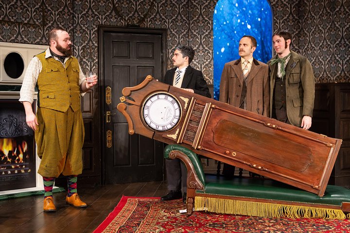 A grandfather couch lays on the divan where the corpse should be as four players try to manage through the play that goes wrong, an off-broadway comedy tweens and teens find hilarious
