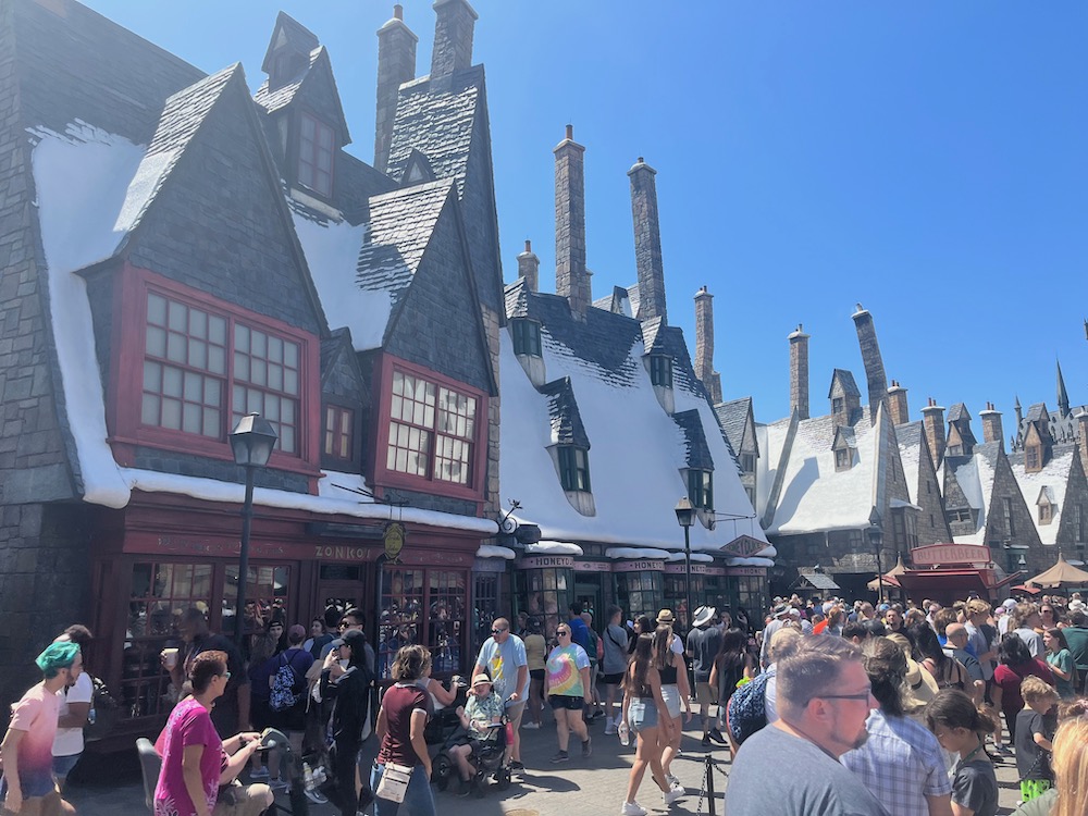 at universal studio orlando you can explore snowy hogsmeade in the florida sun.