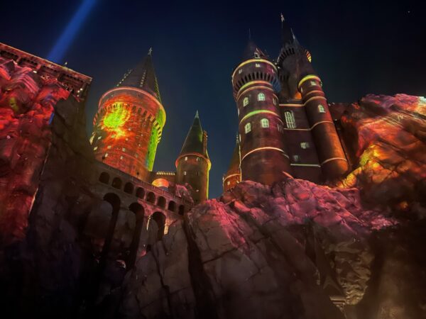 You go to unniversal studios florida for immersive experiences like seeing hogwarts castle lit up at night in house colors.