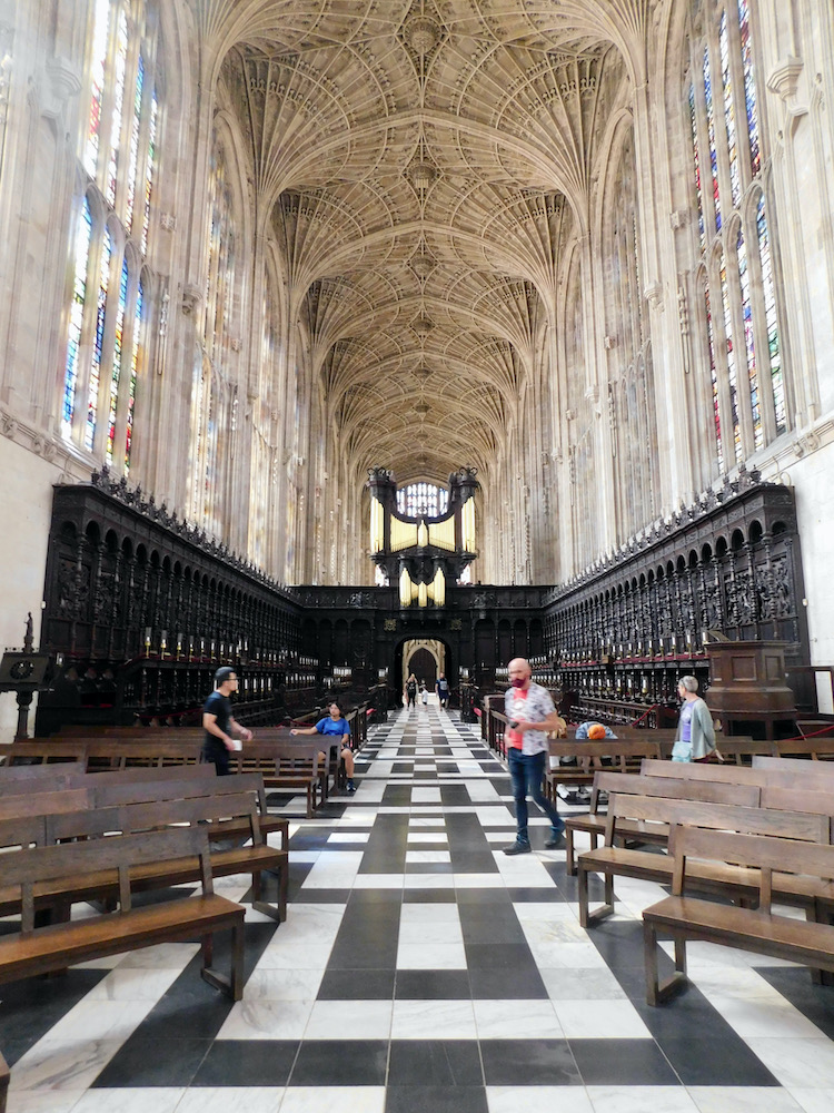 King college chapel is enormous and for its shell-vaulted ceiling, stained-glass windows and choir