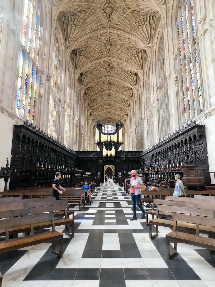 king college chapel is enormous and for its shell-vaulted ceiling, stained-glass windows and choir
