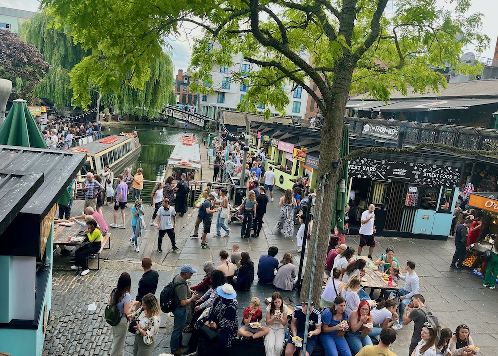Camden market, builts around cmaden locks has a large selection of outdoor food vendors.