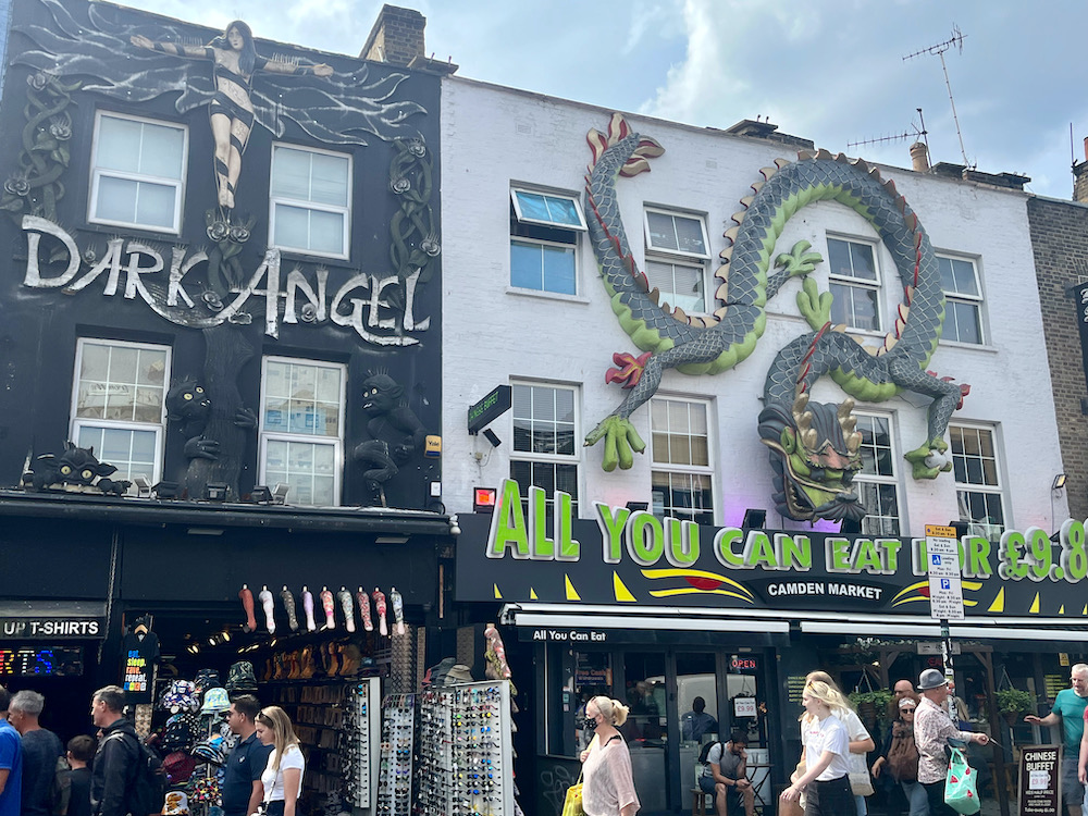 The stores o camden's high street have huge 3-d signs that are hard to miss.