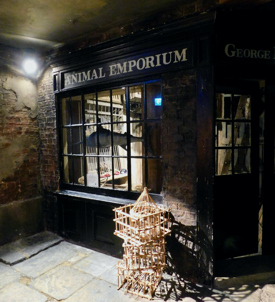 The model dockside neighborhood at the docklands museum features an exotic animal emporium along with a chandler, boarding houses and a pub.