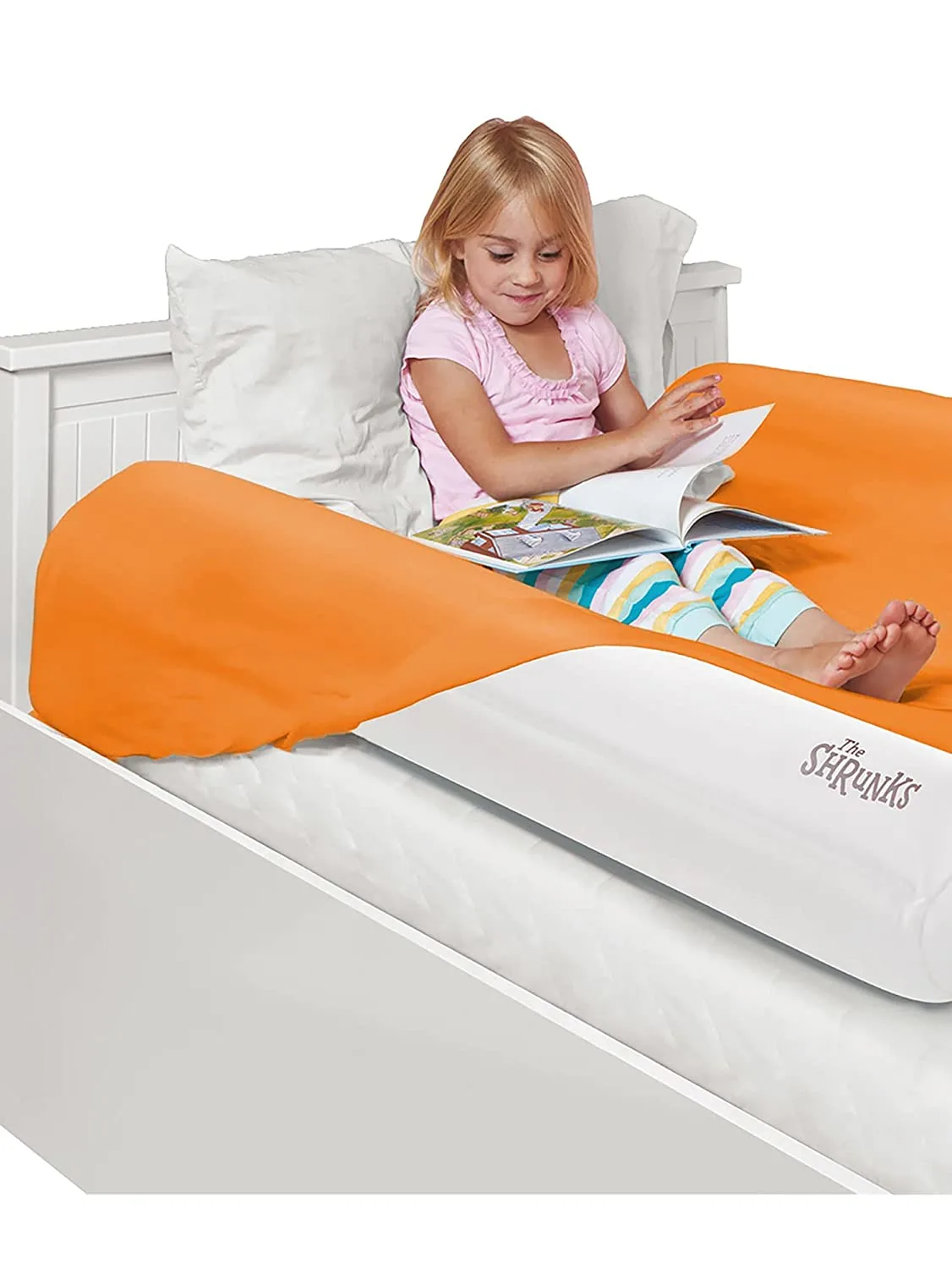 Shrunks inflatable bed rails keep kids safe in bed when families travel.