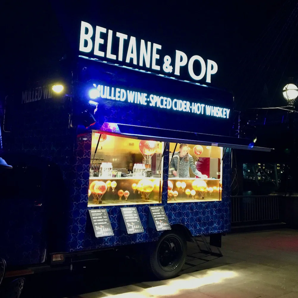 beltane & pop is a food truck on london's south bank that sells mulled-wine, hot whiskey and warm cider in the winter.