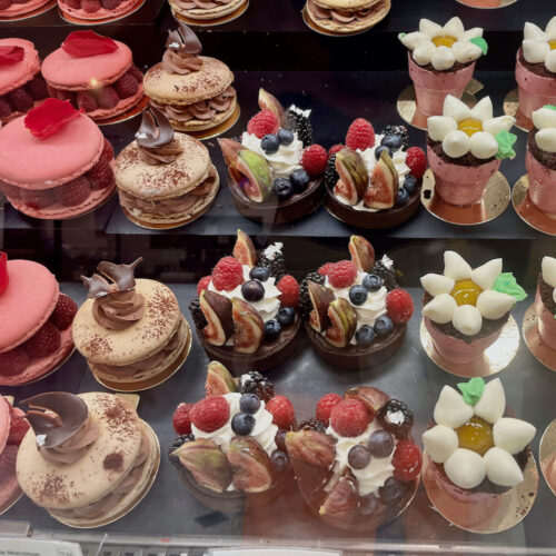 At the food hall at selfridges you cann buy giant chocololate or reapsberry macarons or cakes that look like potted daisies.