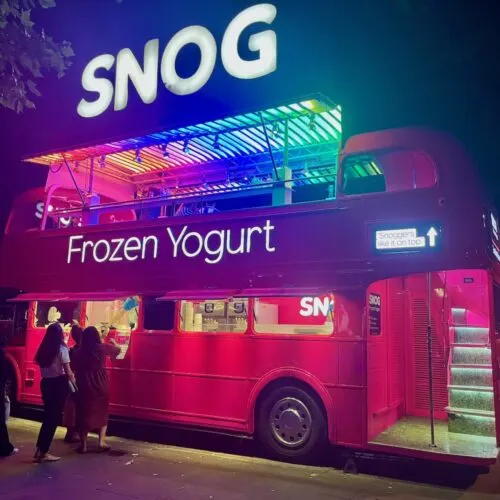 you'll find snog's pink double decker fro-yo bus on london's south bank in summer.