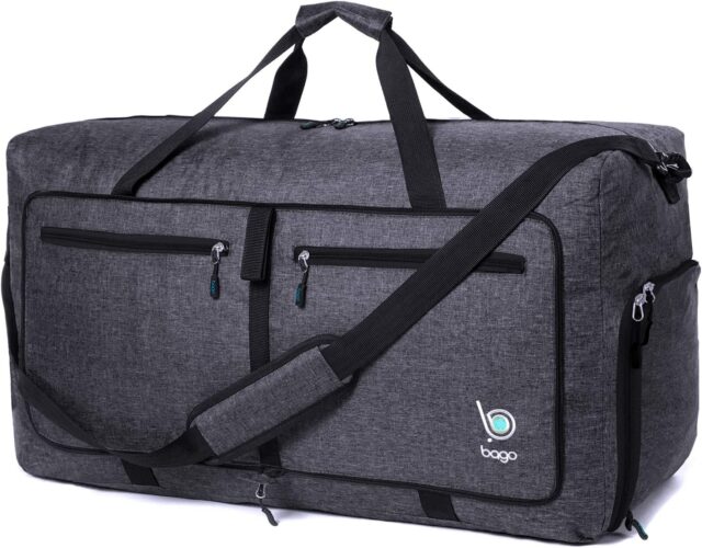 this bago duffle bag comes in 3 sizes and is roomy and waterproof, which makes one of the best travel bags for moms packing for a weekend.