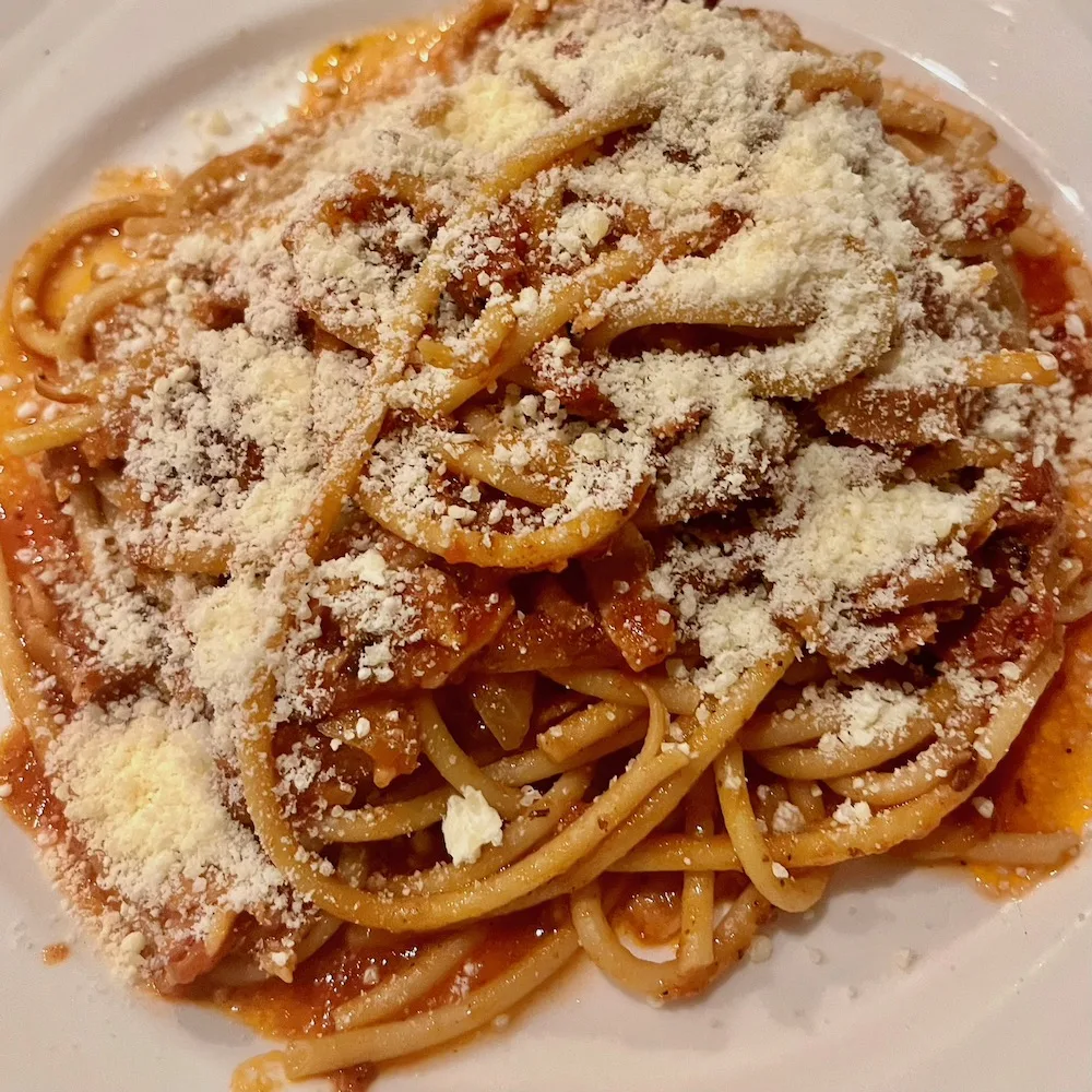 bucatini in a spicy red sauce full of onions and topped with parmesa cheese at giorgio on pine.