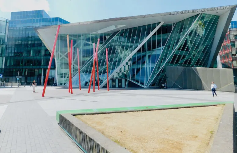 dublin's new arts center has a facade that evokes the port history of its docklands neighborhood.