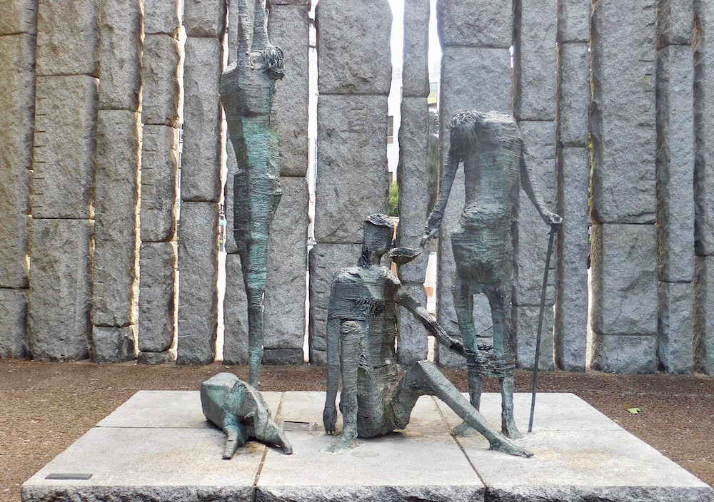 dublin's stark and haunting famine memorial in the docklands neighborhood.
