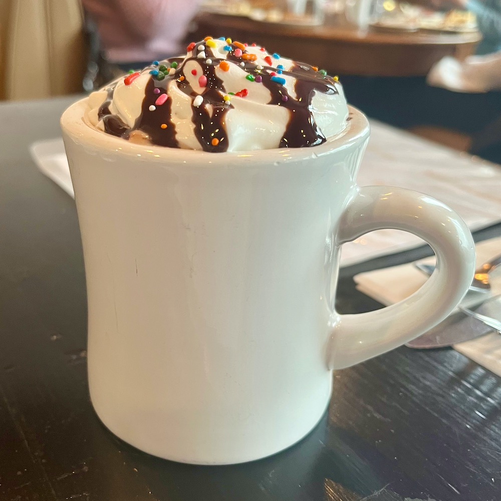at lake placid's downtown diner, hot cocoa comes topped with whipped cream, a drizzle of chcolate syrup and sprinkes.